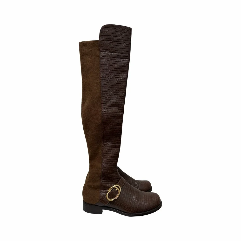 Stuart Weitzman Siella Croc Embossed Leather Over the Knee Boots‎ Size 7.5 Brown